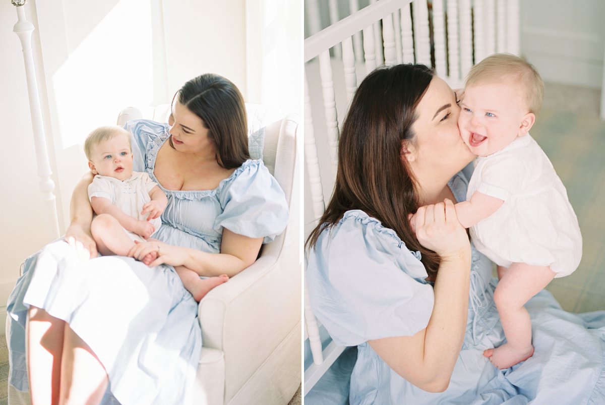 Kisses in the nursery during in home motherhood session on film in Nashville, TN
