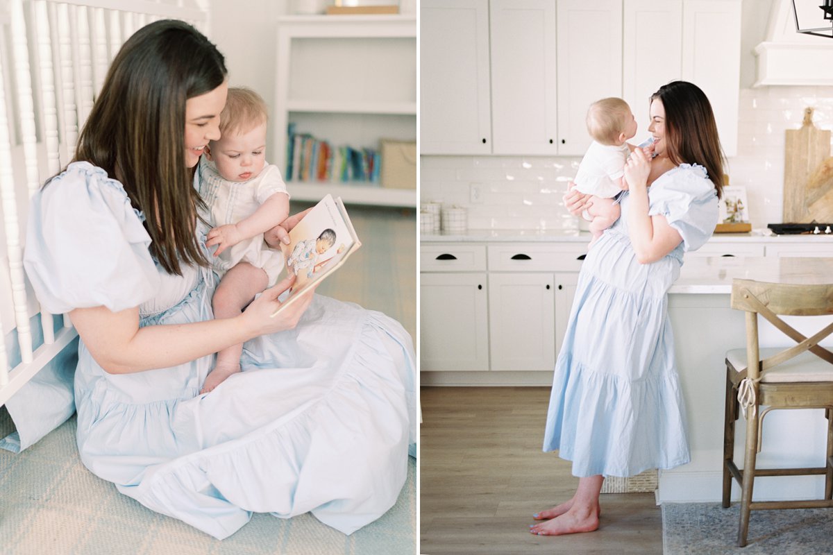 Mother reading book to son in home with film images taken by Nashville photographer