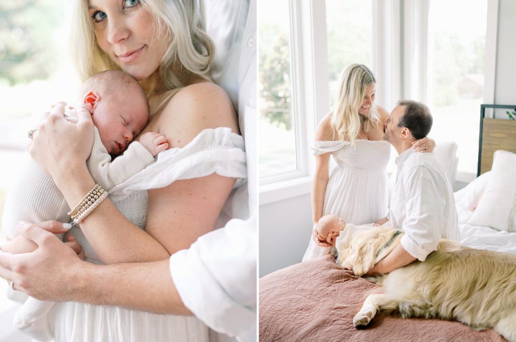Mother, father, newborn baby, and dog during in home newborn session