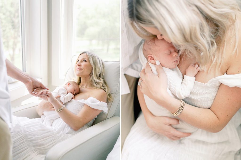 Mom cuddles with newborn during in home session with images taken by Franklin newborn photographer