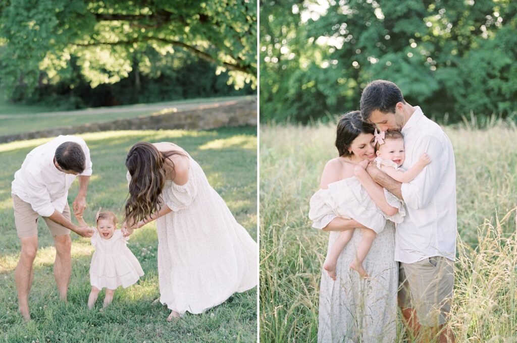 Photographer Courtney Houk captures two images of a mom and dad cuddling and playing with one year old daughter in a grassy field during Outdoor Nashville Family Photos
