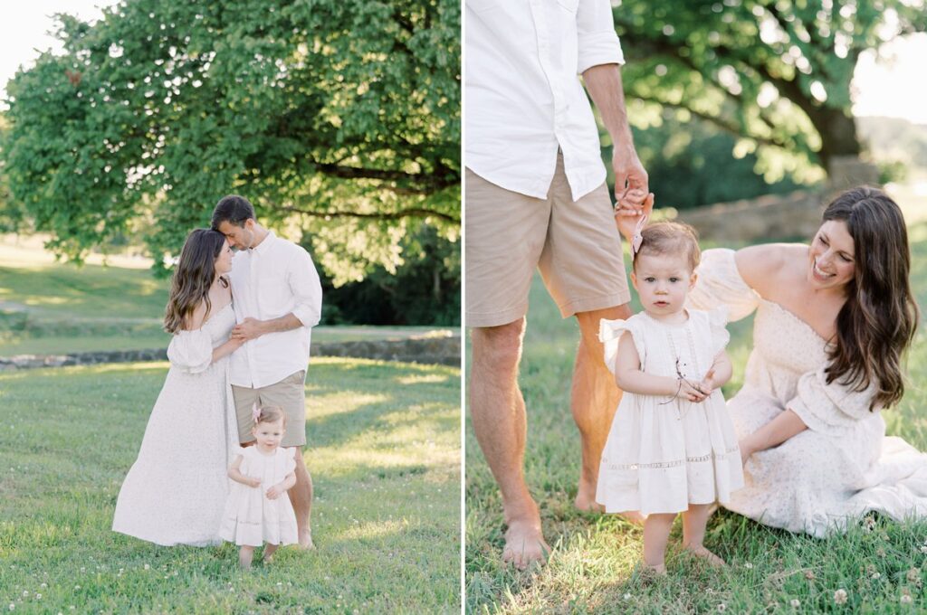 Images by photographer Courtney Houk of a mother, father, and their one year old girl during outdoor Nashville family photos