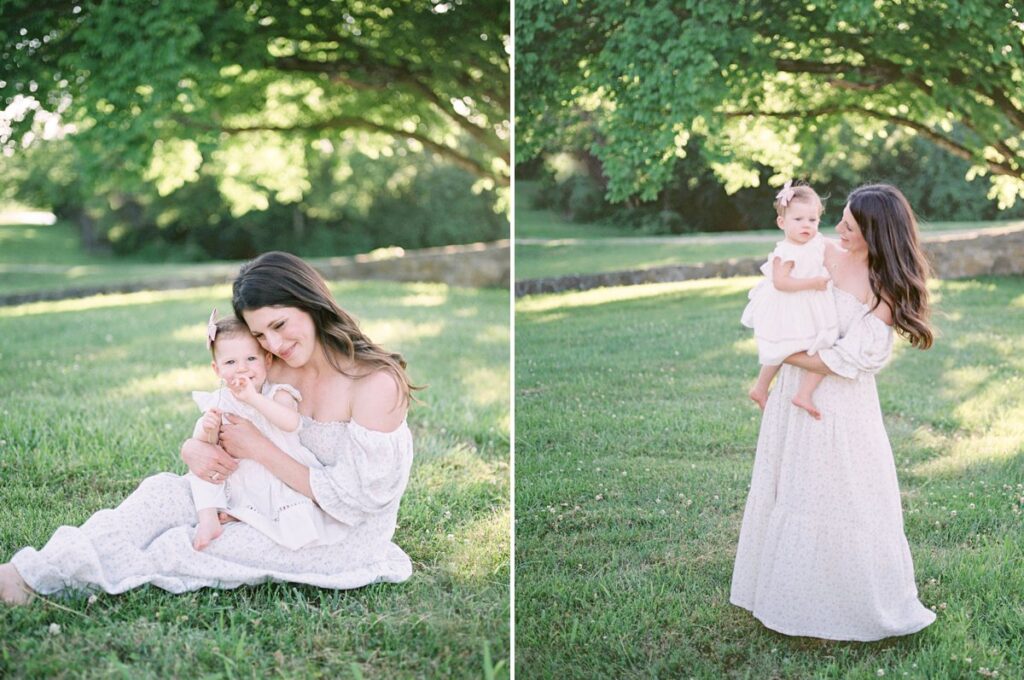 Collage of two images of one year old girl and mom cuddling during Outdoor Nashville Family Photos taken by Courtney Houk Photography