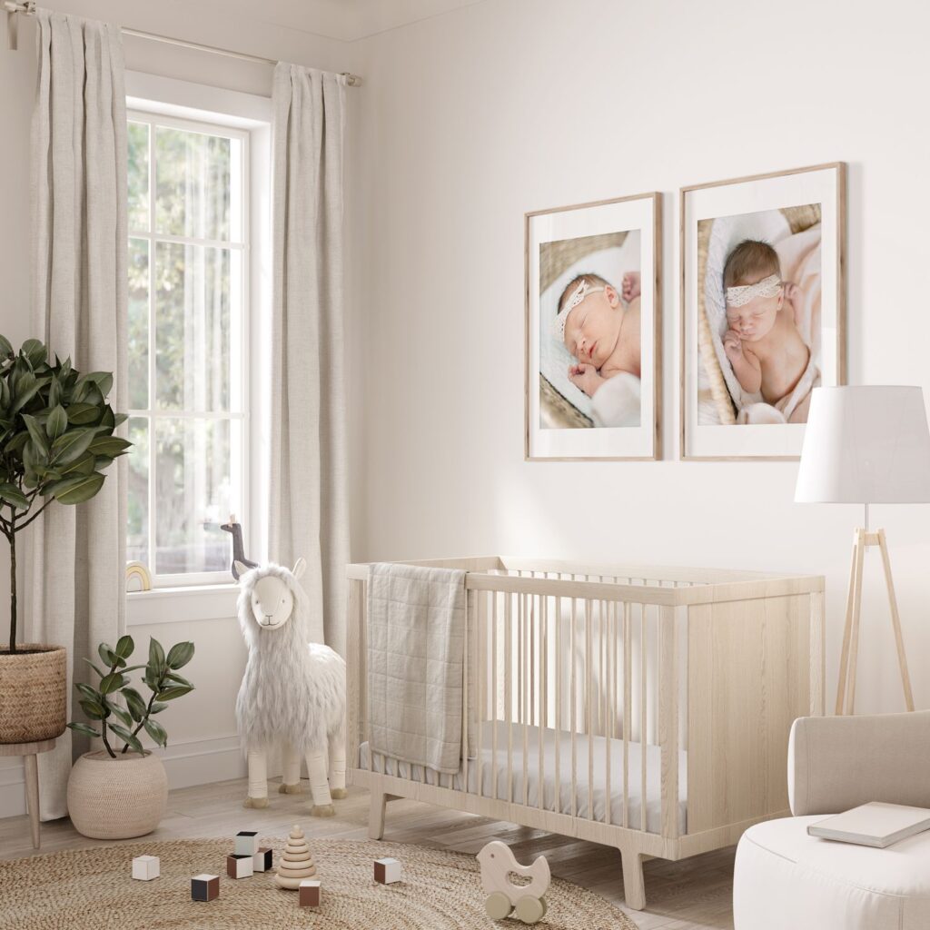 a nursery with a crib and a newborn photos displayed on the wall