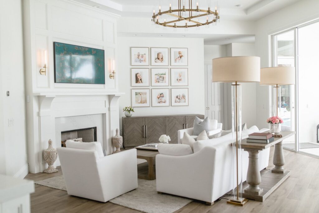 A living room displaying a stunning 9 framed gallery wall