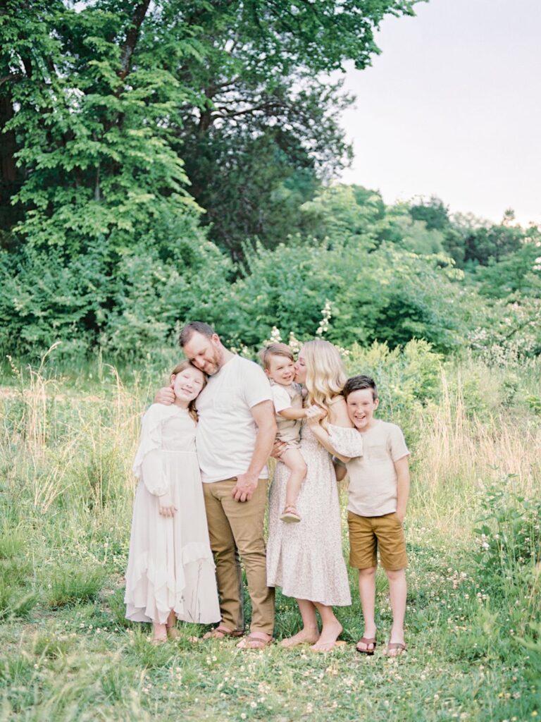 Franklin family photographer captures a photo of a mom, dad and their three kids in this Franklin family session